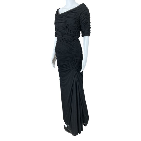 Tadashi Shoji Black Asymmetric Ruched Sleeve Gown sz M Glam Mermaid Column Event - Picture 5 of 13